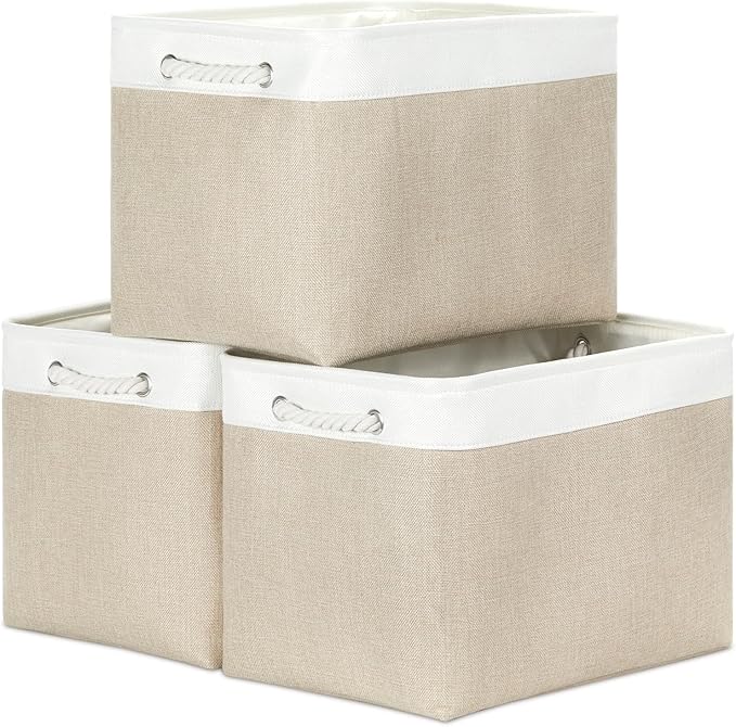 Bidtakay Large Storage Baskets for Organizing Fabric Closet Organizers Storage Bins with Handles 3-Pack 16x11.8x11.8 Inch Collapsible Baskets for Shelves Clothes Home Organization L-White&Beige-Ruum Studio Home