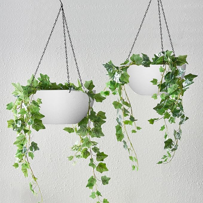 WOUSIWER 13 inch 2Pack Large Hanging Planters for Outdoor Indoor Plants with Drainage Holes and Chain, Round Hanging Flower Pots for Garden Home Porch Decor, White-Ruum Studio Home