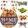 Interchangeable Seasonal Welcome Sign Front Door Decoration with 4 Seasonal Wreaths and LED Light, Rustic Round Wood Wreaths Wall Hanging Outdoor, Farmhouse Front Door Decoration Home Décor-Ruum Studio Home