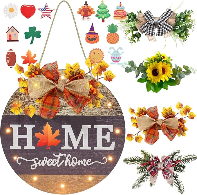 Interchangeable Seasonal Welcome Sign Front Door Decoration with 4 Seasonal Wreaths and LED Light, Rustic Round Wood Wreaths Wall Hanging Outdoor, Farmhouse Front Door Decoration Home Décor-Ruum Studio Home