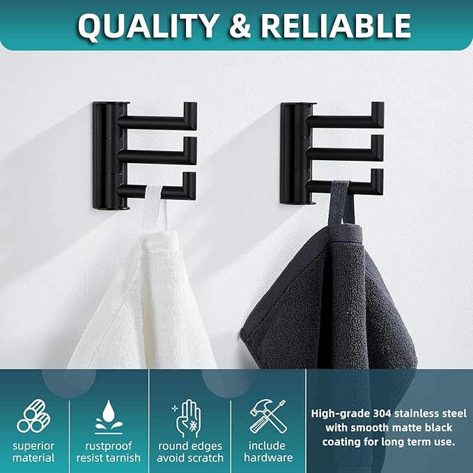 Angle Simple Swivel Towel Hooks for Bathroom, SUS 304 Stainless Steel Foldable 3 Arms Robe Towel Holder, Shower Wall Coat Hooks, Matte Black, 2 Pack-Ruum Studio Home