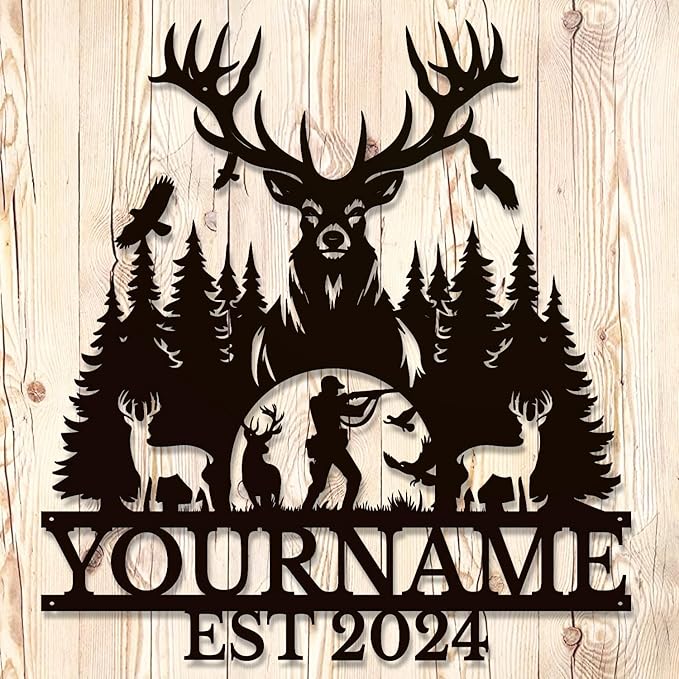 Personalized Deer Forest Name metal Signs,Custom Shed Metal Wall Decor,Black Deer Metal Wall Art Decor,Deer Home Metal Signs Plaques,Outdoor wall Decorative Signage (Style D)-Ruum Studio Home