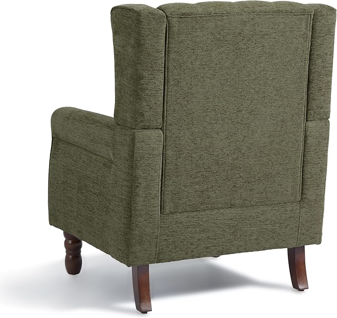 Accent Chair, Upholstered Armchair with Button Tufted High Back & Solid Wood Legs, Comfy Wingback Reading Single Sofa Chair for Small Spaces, Living Room, Bedroom (Green, Set of 2)-Ruum Studio Home