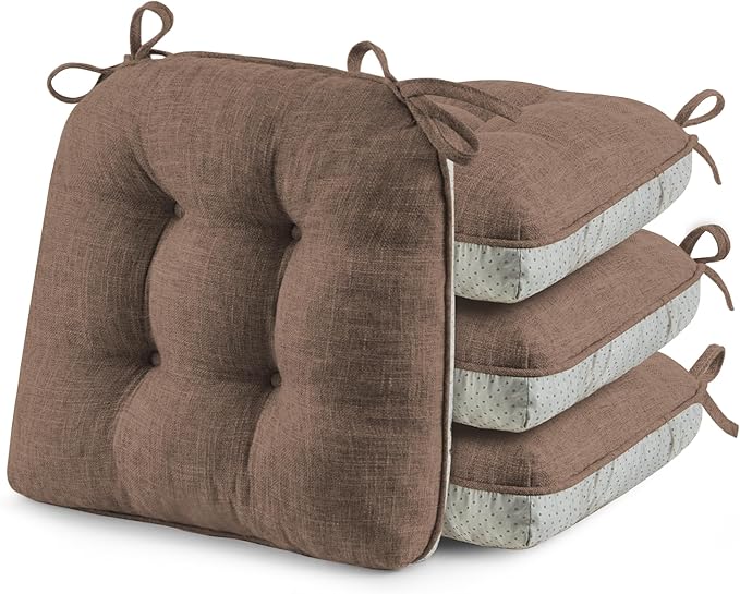 puredown® Chair Cushions for Dining Chairs, Tufted Memory Foam Chair Pads with Non-Slip Backing, Kitchen Seat Cushions with Ties, Washable Seat Pad Set of 4, 15.5" x 15.5" x 4", Coffee-Ruum Studio Home