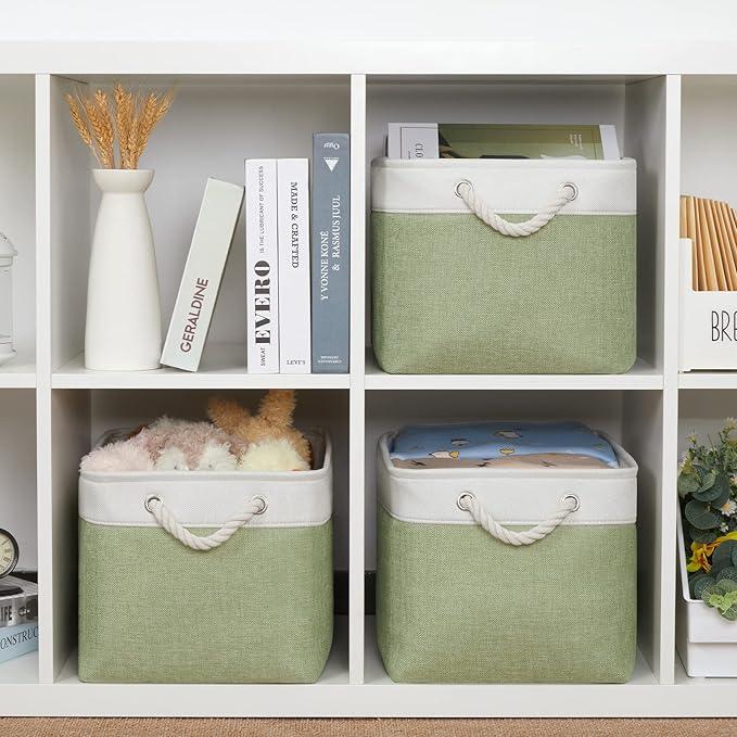 Bidtakay Large Fabric Baskets for Organizing [3-pack] Closet Organizers and Storage Baskets for Gifts Empty Foldable Nursery Baskets for Toy Storage 15 X 11 X 9.5 Inches (White&green)-Ruum Studio Home