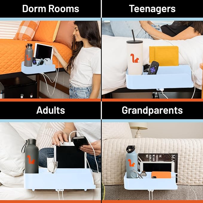Squirrel-Bedside Perch, Floating Organizer with USB-C & A Charging Ports, Great Bedside Shelfie, Gift for teens and college freshman, for Gamers, Dorm room gifts. Assembly in 1 minute. Light Blue-Ruum Studio Home
