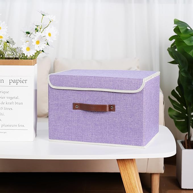 ANMINY Storage Bin with Lid Storage Boxes with PU Leather Handles PP Plastic Board Decorative Foldable Lidded Cotton Linen Fabric Home Cubes Baskets Closet Organizer Container - Purple, Large Size-Ruum Studio Home
