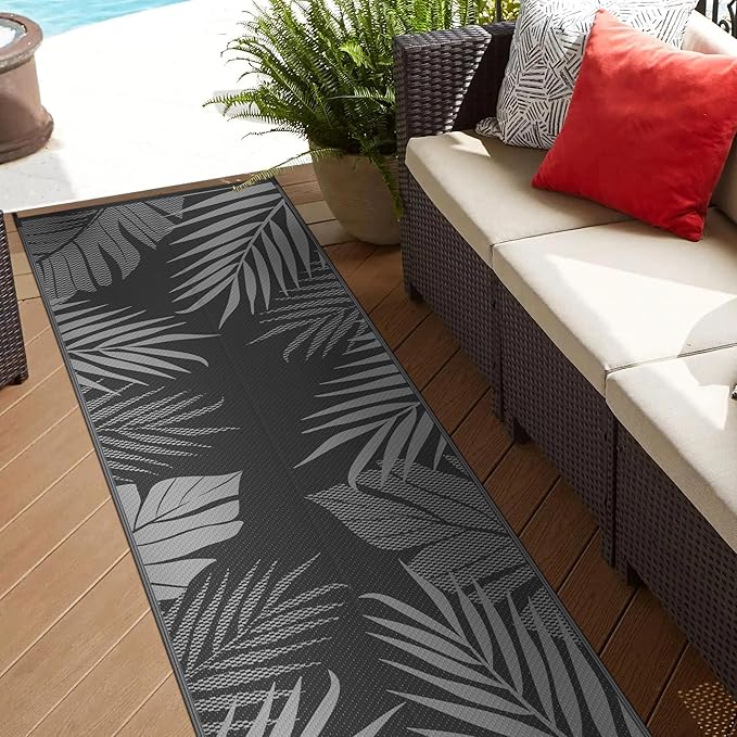GENIMO Outdoor Rug 2.5' x 8' Waterproof for Patios Clearance, Reversible Outdoor Plastic Straw Camping Rug Carpet, Large Area Rugs Mats for RV, Camper, Deck, Balcony, Porch, Beach, Picnic, Black&Grey-Ruum Studio Home