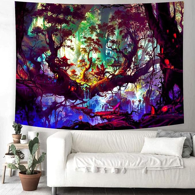 Delur Fantasy Forest Tapestry Mystical Landscape Magical Enchanted Forest Tree Nature Tapestry Psychedelic Wall Hanging Headboard for Bedroom Living Room Home Decor (51.2" x 59.1")-Ruum Studio Home