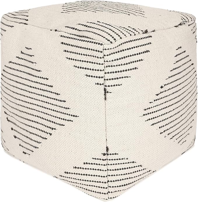 REDEARTH · Tufted Pouf Ottoman with Filler Textured Storage Cube Bean Bag Pouffe Footrest for Living Room, Bedroom, Nursery, Kidsroom; 100% Cotton (17.5"X17.5"X17.5", Loom Story 3 Natural Black)-Ruum Studio Home