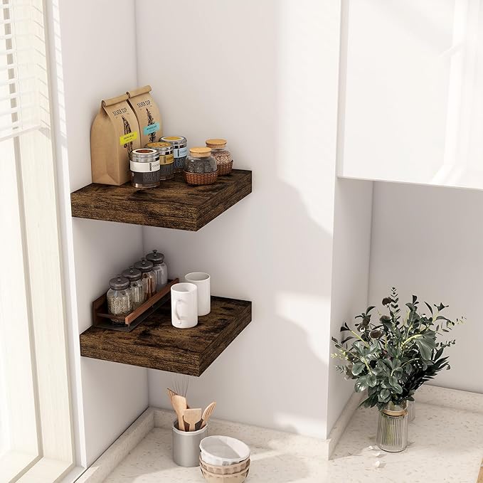 Fun Memories 12 Inch Floating Shelf, Rustic Wood Wall Shelves for Wall Decor & Storage, 12 x 12 Floating Shelf for Living Room, Bathroom, Bedroom, Rustic Brown, Set of 2-Ruum Studio Home