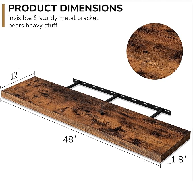 Fun Memories Floating Shelves - 12 Inch Rustic Wooden Wall Shelves - Extra Deeper & Thicker Wall Mounted Storage Shelf for Living Room, Kitchen, Farmhouse - 48" W x 12" D x 1.8" H - Brown-Ruum Studio Home