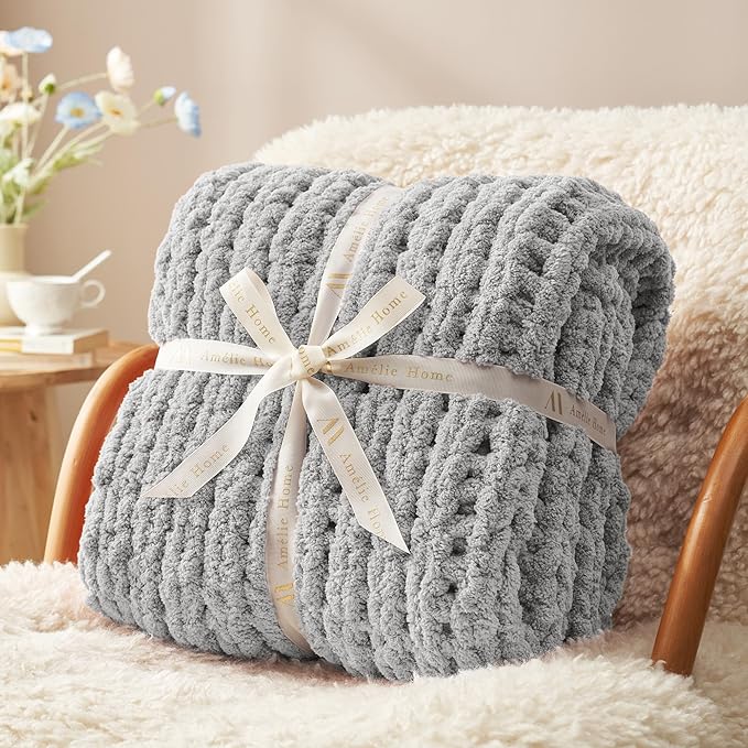 Amélie Home Chunky Knit Throw Blanket for Couch, Soft Chenille Crochet Blanket for Sofa, 50"x60", Light Grey-Ruum Studio Home