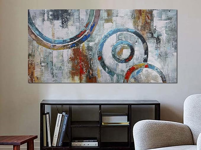 Arjun Abstract Wall Art Geometric Canvas Circle Block Painting Modern Grey Brown Picture Simple Textured Artwork Framed for Bedroom Living Room Home Office Wall Décor, Extra Large 58"x29"-Ruum Studio Home