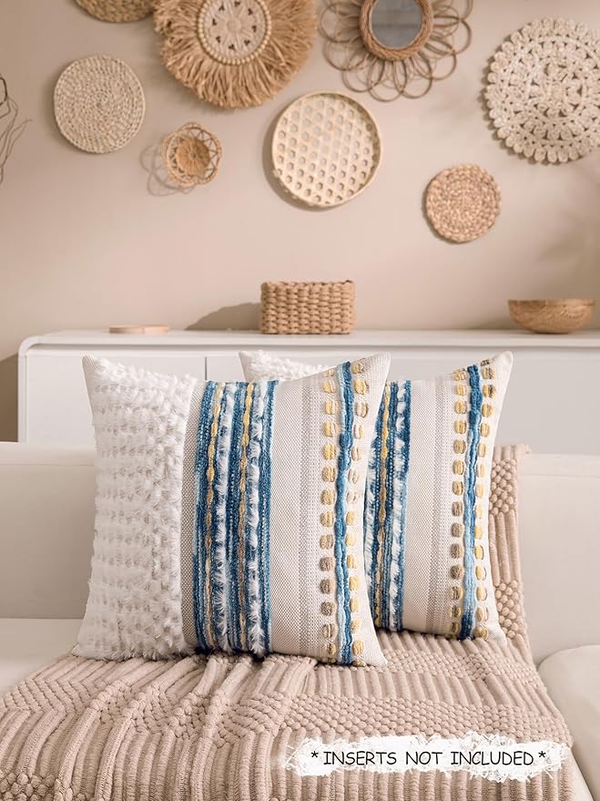 Boho Chenille Tufted Couch Throw Pillow Covers 18x18 Inch Set of 2 Farmhouse Striped Decorative Pillow Covers Accent Neutral Square Pillowcase Blue Cushion Covers for Livingroom Sofa Bed-Ruum Studio Home
