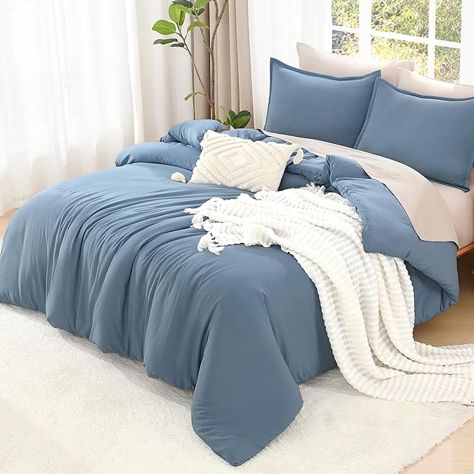 Litanika Comforters Grayish Blue Oversized Queen Size, 3 Pieces Lightweight Solid Bedding Comforter Set, All Season Fluffy Bed Set (98x98In Comforter & 2 Pillowcases)-Ruum Studio Home