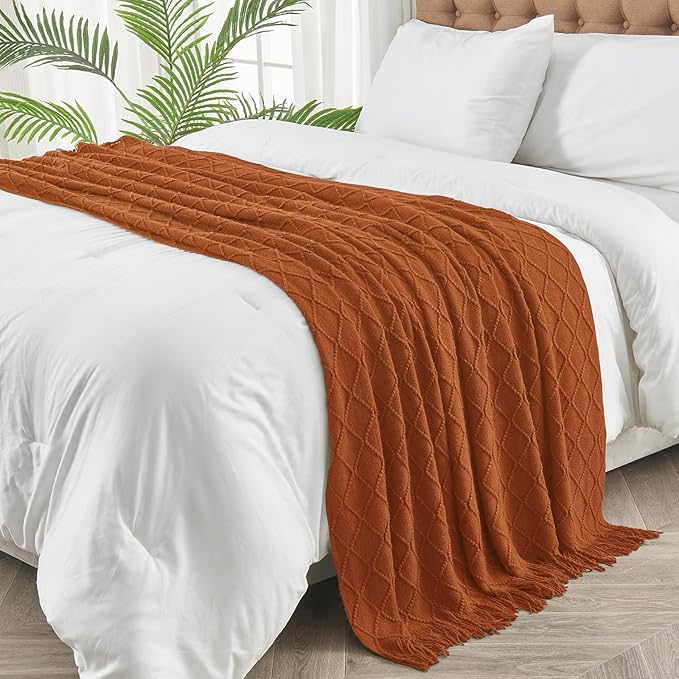 inhand Knitted Throw Blankets for Couch and Bed, Soft Cozy Knit Blanket with Tassel, Orange Rust Lightweight Decorative Blankets and Throws, Farmhouse Warm Woven Blanket for Men and Women, 60"x80"-Ruum Studio Home