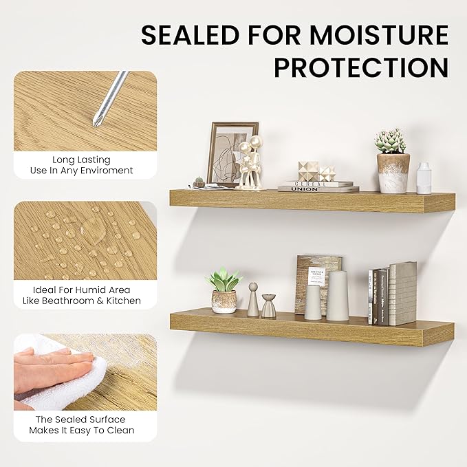 Floating Shelves for Wall, 48" W x 9.3" D x 1.5" H, Wooden Wall Mounted Display Shelves with Invisible Brackets for Living Room, Bedroom, Bathroom, Kitchen Decor and Storage, Set of 1, Oak-Ruum Studio Home