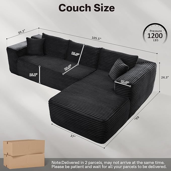104" Cloudy Sectional L Shaped Couch for Living Room, No Assembly Required, Modular Comfy Sofa with Deep Seat, Fluffy Couch with Sleeper Chaise for Apartment Lounge (Black)-Ruum Studio Home