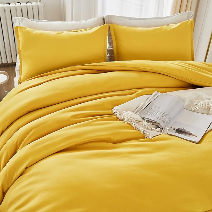Litanika Mustard Yellow Comforter Set Queen Size, 3 Pieces Lightweight Solid Bedding Comforter Set, All Season Fluffy Bed Set (90x90In Comforter & 2 Pillowcases)-Ruum Studio Home