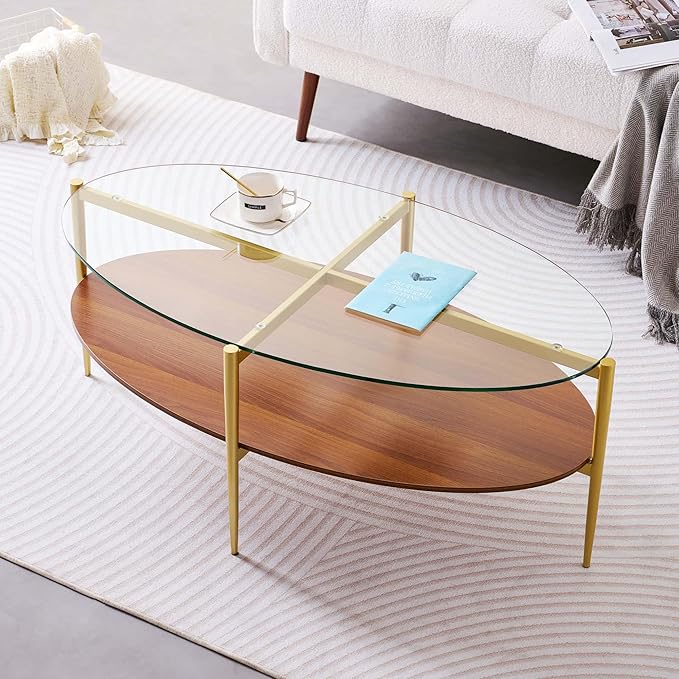 Oval Glass Coffee Table, Mid-Century Modern Design, L43 x W22 x H17 inch, 2-Tier Structure, Olive Shaped Clear Glass Top and Walnut Finish Wood Shelf, Tapered Legs with Gold Finish Frame-Ruum Studio Home