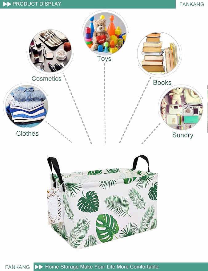 FANKANG Storage Bins, Nursery Hamper Canvas Laundry Basket Foldable with Waterproof PE Coating Large Storage Baskets for Kids Boys and Girls, Office, Bedroom, Clothes,Toys(Rec-Leaf ）-Ruum Studio Home