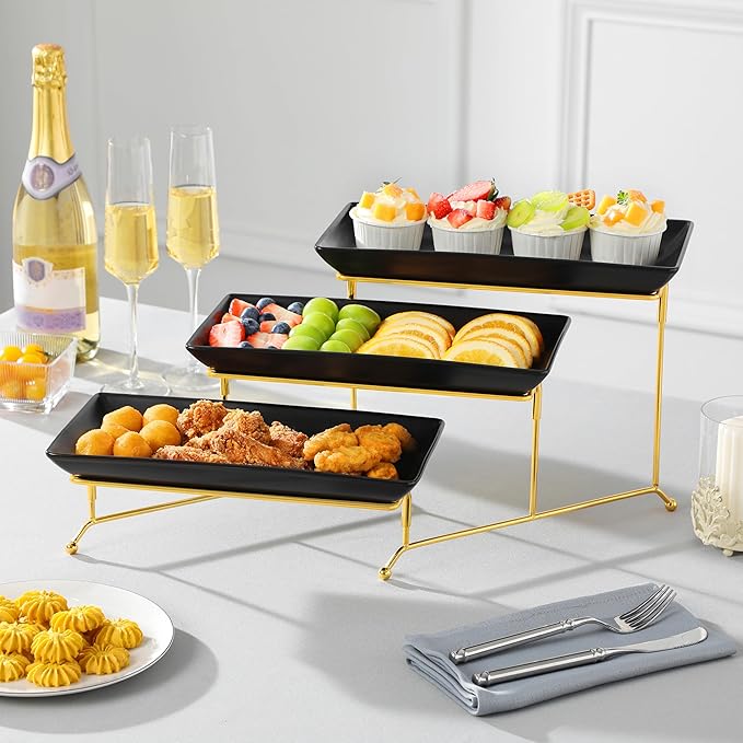 MALACASA 3 Tier Serving Trays for Party, 12 Inch Porcelain Black Trays for Serving Food, Dessert Stand with Collapsible Gold Metal Rack-Ruum Studio Home