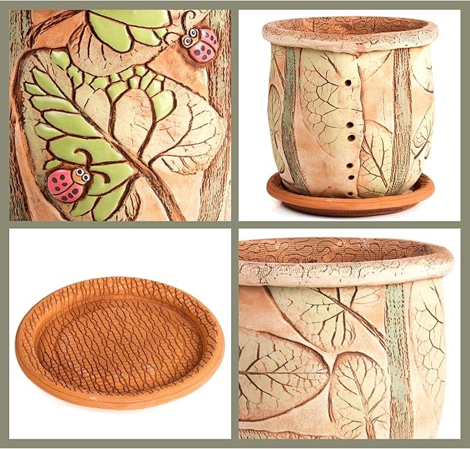 Ceramic Pot with Drainage Hole and Saucer, Plant Pots, Modern Decorative Planters for House Plants Indoor Flowers Plants, Cute Flower Pot - Gifts (Ladybugs (3 L))-Ruum Studio Home