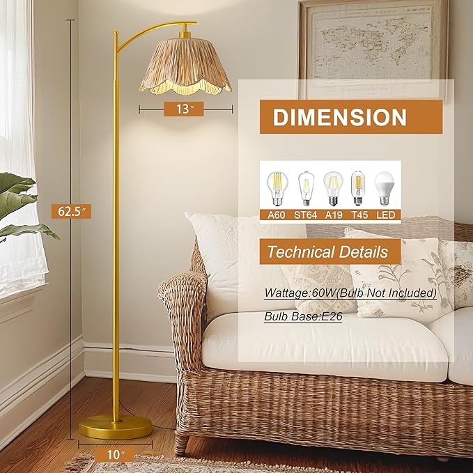 Oneach Arc Floor Lamp for Living Room,Rattan Boho Floor Lamp with Hand-Woven Wicker Shade, Foot Switch,Gold Metal Base & Pole,Farmhouse Standing Lamp for Bedroom Corner,Reading-Ruum Studio Home