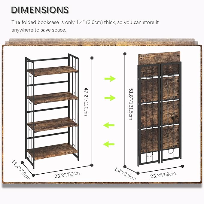 4NM No Assembly 4 Tiers Folding Bookshelf, 47.2" H Foldable Storage Shelves Vintage Bookcase Standing Racks Study Organizer Home Office - Rustic Brown Black-Ruum Studio Home