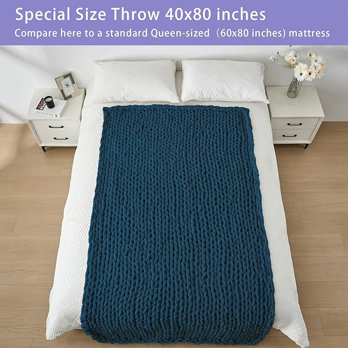 Bigacogo Chunky Knit Throw Blanket for Couch, 40x80 inches, 100% Hand Knitted with Thick Jumbo Chenille Yarn, Cozy Soft Large Rope Knot Cable Crochet Blankets for Sofa Bed Living Room, Deep Sea Blue-Ruum Studio Home