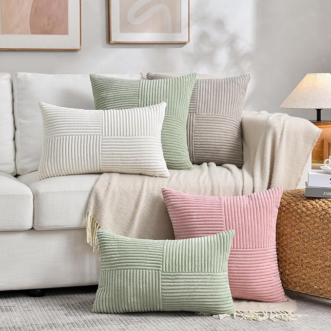 Fancy Homi 2 Packs Blush Pink Decorative Throw Pillow Covers 16x16 Inch for Living Room Couch Bed, Rustic Farmhouse Boho Home Decor, Soft Corss Patchwork Corduroy Textured Square Cushion Case 40x40 cm-Ruum Studio Home
