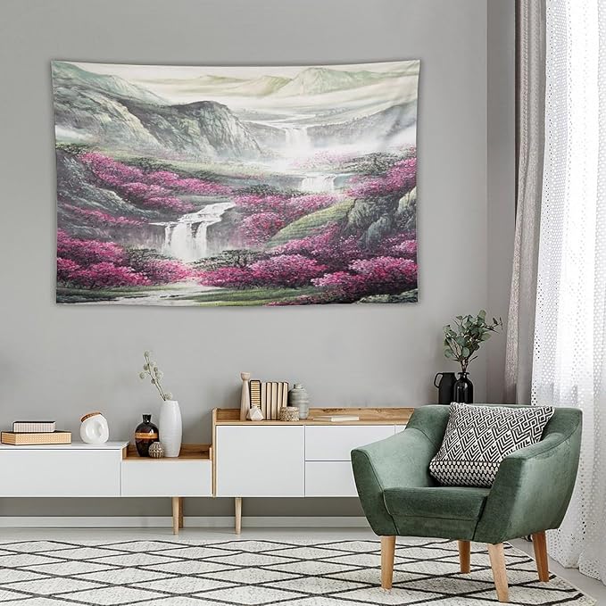 Japanese Tapestry, Red Plum Blossom Mountain Tapestry, Asian Japanese Wall Tapestry, Nature Landscape Tapestries for Bedroom Living Room Decor 90"x60"-Ruum Studio Home
