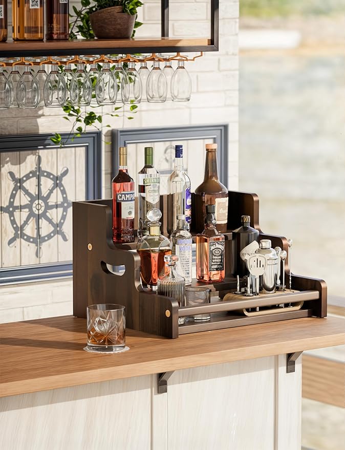 Tinamo Acacia Wood Liquor Bottle Display Shelf – 3-Tier Countertop Wine Rack, Bar Shelf – Whiskey Bar Stand for Home, Bottle Organizer for Countertop – Wine Holder with Handles (Walnut Color)-Ruum Studio Home