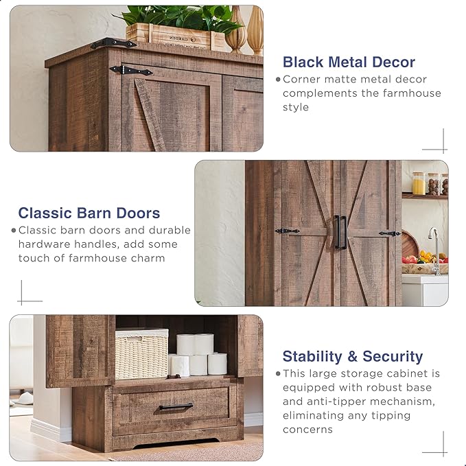 Farmhouse Kitchen Pantry Cabinet - 72" Tall Wood Kitchen Storage Cabinets with Adjustable Shelves & 2 Barn Doors & Drawer, Versatile Storage for Dining Room, Bathroom, Utility Room, Light Brown-Ruum Studio Home