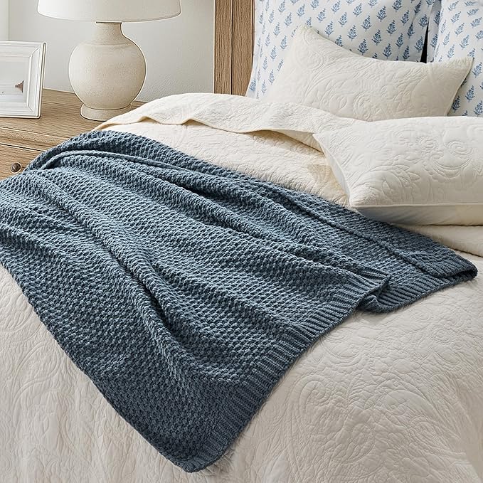 Chunky Chenille Knit Throw Blanket for Couch, Soft Luxurious Moss Stitch Blankets for Bed, Cozy Decorative Farmhouse Knitted Throws for Sofa, Stormy Blue, 50" x 60"-Ruum Studio Home
