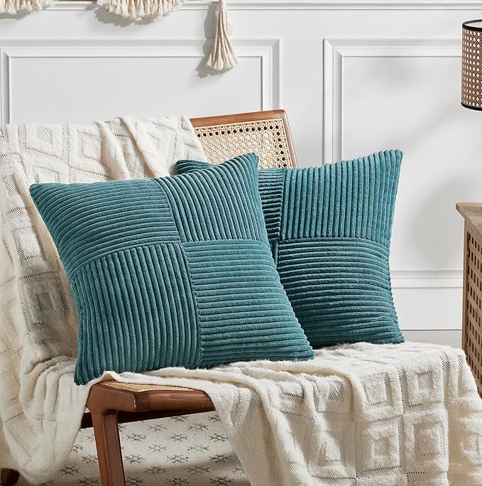 Fancy Homi 2 Packs Teal Samll Decorative Throw Pillow Covers 14x14 Inch with for Couch Bed Sofa, Rustic Farmhouse Boho Home Decor, Soft Corss Patchwork Corduroy Square Cushion Case 35x35 cm-Ruum Studio Home