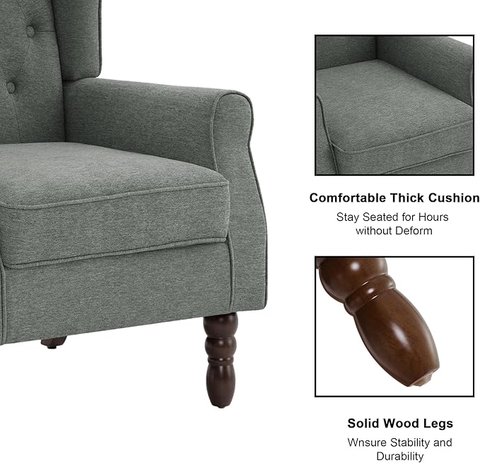 Accent Chair, Upholstered Armchair with Button Tufted High Back & Solid Wood Legs, Comfy Wingback Reading Single Sofa Chair for Small Spaces, Living Room, Bedroom (Grey, Set of 1)-Ruum Studio Home