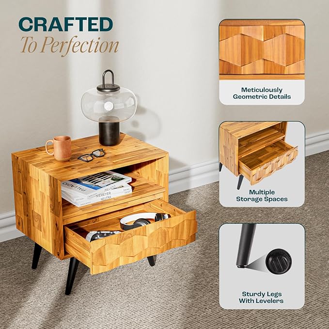 Bme Georgina Solid Wood Nightstand With 1 Drawer & Open Shelf- Fully Assembled Mid Century Modern Side Table - Geometric Pattern Bedside Dresser for Bedroom and Living Room-Ruum Studio Home