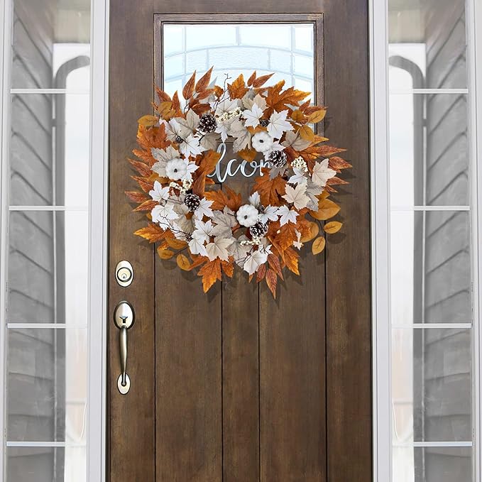 Fall Wreaths for Front Door Outside Autumn Wreath with Lights Berries Pine Cones Fall Decorations for Home Decor Pumpkin Wreath for Farmhouse Holiday Thanksgiving Harvest Halloween Outdoor-Ruum Studio Home