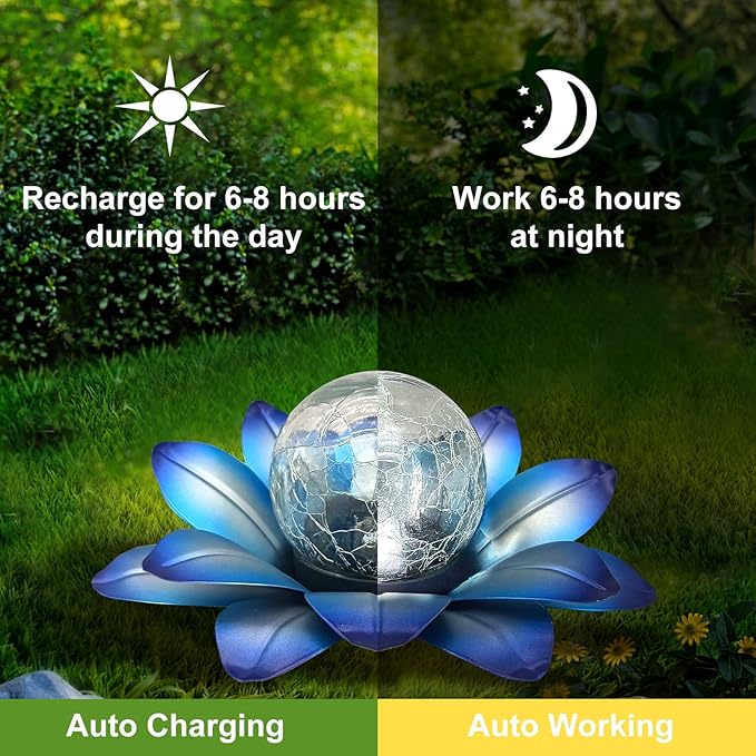 LEWIS&WAYNE Solar Garden Lights Outdoor, 3 Pcs Blue Lotus Flower Pathway Lamps with Cool White Crackle Glass Globe Led Lights for Patio Pathway Yard Balcony Garden Decorations-Ruum Studio Home