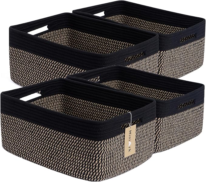 Large Storage Baskets for Organizing, Closet Shelf Baskets for Clothes Blanket Towels, Baby Nursery, Toy Bins Box, Woven Rope Baskets, 17 x 13 x 7.5”, 4 Packs Woven Brown-Ruum Studio Home