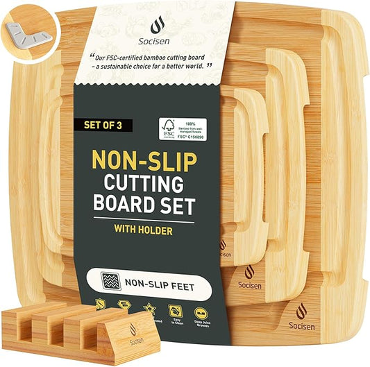 Bamboo Cutting Board Set Non Slip Feet with Holder Over Sink Tablas Para Picar Cocina Tabua Madeira Corte Carne Bambu Alimentos Cortar Madera Juego Regalos Cumpleaños Navidad Mujer Mama Abuela Papa-Ruum Studio Home