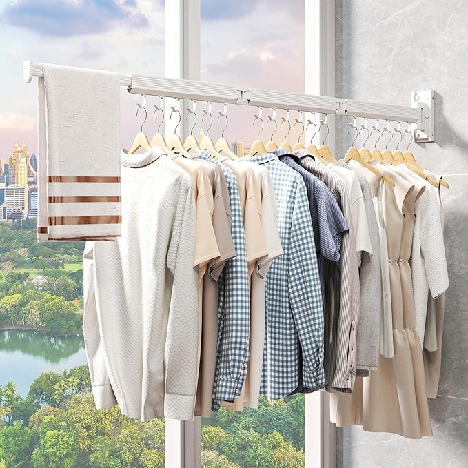Laundry Rack Wall Mounted,Clothes Drying Rack,Drying Rack Clothing,Clothes Rack,Laundry Hanger Rack,Laundry Drying Rack,Drying Rack Wall Mounted,Retractable ,Collapsible,White Color（J-type Hooks）-Ruum Studio Home