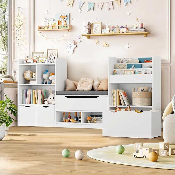 FOTOSOK 72” Kids Bookshelf with Reading Nook, Large Toy Storage Organizer with Seat Cushion and 3 Movable Drawers, Kids Reading Nook Toy Organizers and Storage with Bench for Living Room, White-Ruum Studio Home