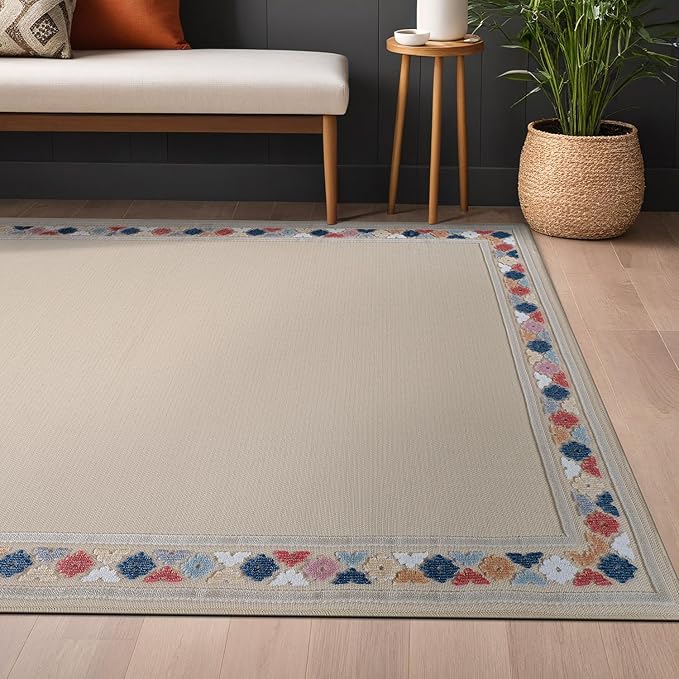 Beverly Rug Outdoor Rug 4x6 Modern Bordered Area Rugs for Indoor and Outdoor Patio Easy to Clean Non Shedding Living Room Porch Garden Washable Outside Carpet (4 x 6 Beige)-Ruum Studio Home