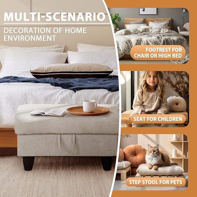 Ottoman Rectangular Storage Ottoman Bench, Flannel Footrest Stool Footstool with Lid for Living Room, Bedroom, Entryway, Khaki, 28.5"x19"x17.5"-Ruum Studio Home