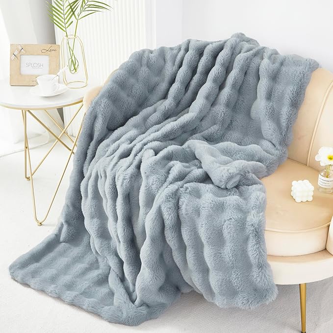 RYNGHIPY Faux Fur Throw Blanket Double Side Thick and Warm for Couch Plush Fluffy Faux Rabbit Fur Decoration for Sofa Chair and Bed Grey Winter Blanket (Grey, 51''x63'')-Ruum Studio Home