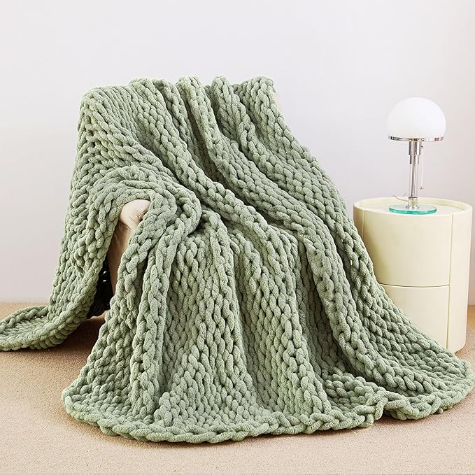 Admitrack Chunky Knit Blanket Throw, 100% Hand Knit Chenille Throw Blanket for Sofa & Home Decor, Soft and Cozy Knitted Throw Blankets (Sage Green, 60""x80""), XNR010-Ruum Studio Home