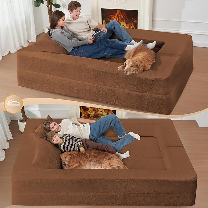 Folding Bean Bag Chair for Adults,3-in-1 Bean Bag Couch Faux Fur Floor Sofa Large Beanbag Convertible Bean Bag Sofa Bed with Pillow in Bedroom,Living Room,Apartment(Queen,Caramel)-Ruum Studio Home